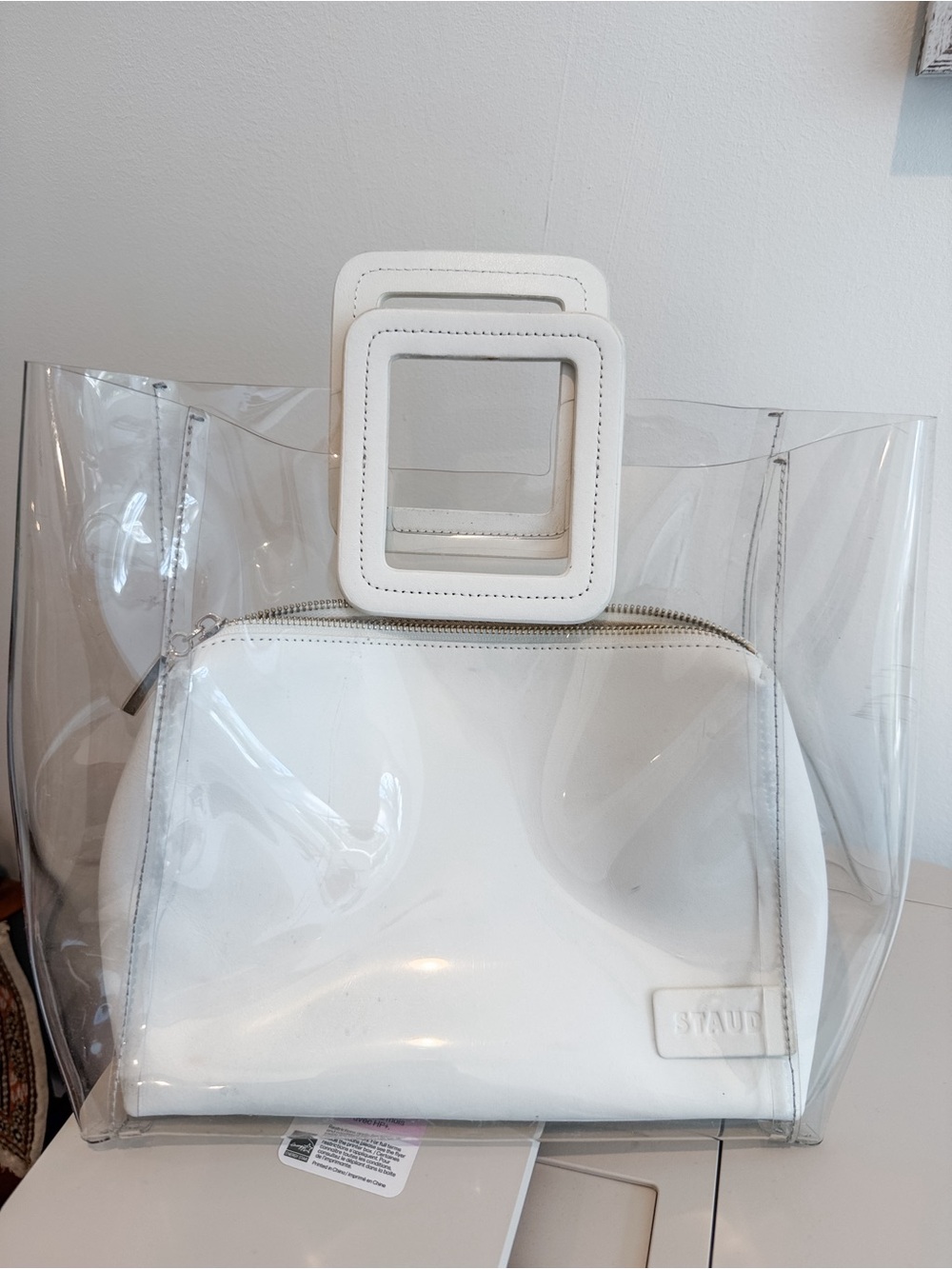 STAUD SHIRLEY Clear Vinyl Tote with White Inner Pouch and Square Handles